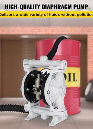 Air-Operated Double Diaphragm Pump, 1/2 in Inlet & Outlet, Polypropylene Body, 2.5 GPM & Max 80PSI, PTFE Diaphragm Pneumatic Transfer Pump for Petroleum, Diesel, Oil & Low Viscosity Fluids