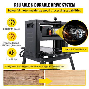 13-Inch Benchtop Thickness Planer, 2000W, 8000 rpm, 15 AMP, with Foldable Iron Stand and Dust Exhaust, 6m/min Planing Speed, Ideal for Woodworking and Wooden Plank Shaping