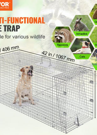 Live Animal Cage Trap, 42" x 16" x 18" Humane Cat Trap Galvanized Iron, Folding Animal Trap with Handle for Stray Dogs, Armadillos, Raccoons, Marmots, Foxes