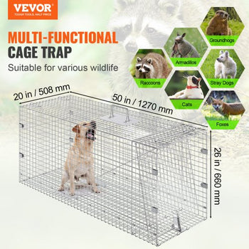 Humane Live Animal Trap, Dimensions 50" x 20" x 26", Crafted from Galvanized Iron, Collapsible Design with Carrying Handle for Capturing Stray Dogs, Armadillos, Raccoons, Marmots, and Foxes