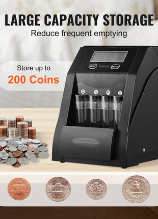 USD Coin Sorter, Coin Counter Machine for 4 Kinds of USD Coins, Coin Sorter and Wrapper Machine Holds up to 200 Coins, LCD Screen Display Coin Storage Included 4 Coin Tubes and Boxes