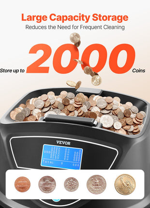USD Coin Sorter, Coin Counter Machine for 5 Kinds of USD Coins, Coin Sorter and Wrapper Machine Holds up to 2000 Coins, Screen Display Coin Storage Included 5 Coin Tubes and Boxes