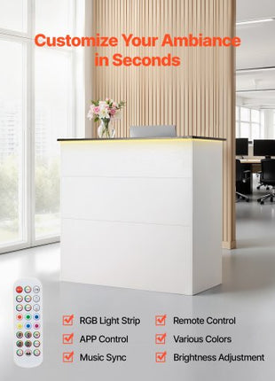 Reception Desk, 50 inch Rectangular Front Counter Table, Modern Office Reception Desk with Light Strip, 3 Drawers & Storage Cabinets, Retail Counter Table for Checkout, Lobby, Salon, Office
