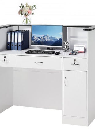 Reception Desk, 50 inch Rectangular Front Counter Table, Modern Office Reception Desk with Light Strip, 3 Drawers & Storage Cabinets, Retail Counter Table for Checkout, Lobby, Salon, Office
