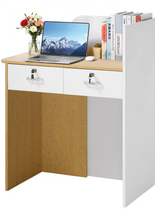 Reception Desk, 31.5 inch Rectangular Front Counter Table, Modern Office Reception Desk with LED Light, 2 Drawers & Power Outlets, Retail Counter Table for Checkout, Lobby, Beauty Salon, Office