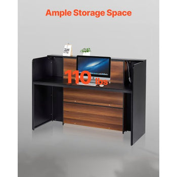Reception Desk, 62 Inch Rectangular Front Counter Table, Office Reception Desk Front Retail Counter with LED Light, for Checkout, Lobby, Beauty Salon and Office, Black & Brown
