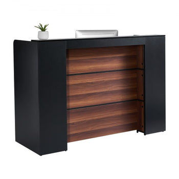 Reception Desk, 62 Inch Rectangular Front Counter Table, Office Reception Desk Front Retail Counter with LED Light, for Checkout, Lobby, Beauty Salon and Office, Black & Brown
