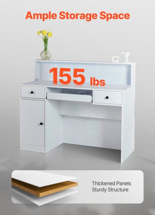 Reception Desk, 47 Inch Rectangular Front Counter Table, Office Reception Desk with LED Light, 2 Drawers and Power Outlets, for Checkout, Lobby, Beauty Salon and Office, White