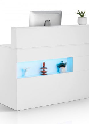 Reception Desk, 47 Inch Rectangular Front Counter Table, Office Reception Desk with LED Light, 2 Drawers and Power Outlets, for Checkout, Lobby, Beauty Salon and Office, White