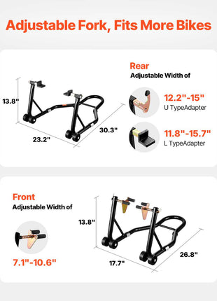 Motorcycle Stand Lift, 1100lbs Capacity Front Rear Combo Stand Lift, Front Wheel Dual-Fork Stand, Rear U+L Fork Swingarm Spool Stand, for Most Yamaha Honda Kawasaki Suzuki Motorcycles, Black
