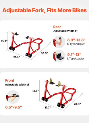 Motorcycle Stand Lift, 850lbs Capacity Front Rear Combo Stand Lift, Front Wheel Dual-Fork Stand, Rear U+L Fork Swingarm Spool Stand, for Most Yamaha Honda Kawasaki Suzuki Motorcycles, Red