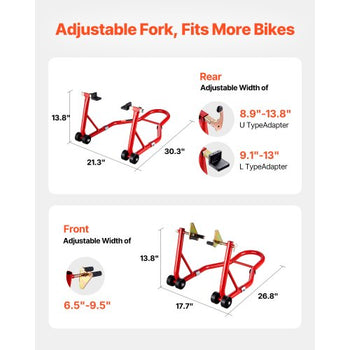 Motorcycle Stand Lift, 850lbs Capacity Front Rear Combo Stand Lift, Front Wheel Dual-Fork Stand, Rear U+L Fork Swingarm Spool Stand, for Most Yamaha Honda Kawasaki Suzuki Motorcycles, Red