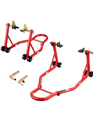 Motorcycle Stand Lift, 850lbs Capacity Front Rear Combo Stand Lift, Front Wheel Dual-Fork Stand, Rear U+L Fork Swingarm Spool Stand, for Most Yamaha Honda Kawasaki Suzuki Motorcycles, Red