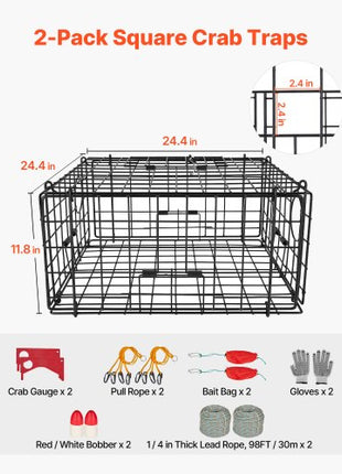 Crab Trap, 2 Packs, 24.4x24.4x11.8 inch Heavy Duty Large Crab Pot Trap for Dungeness, Black PVC Coated Wire Mesh for Stealth, with Gauge, Red/White Float, 100ft Leaded Core Rope, and Gloves