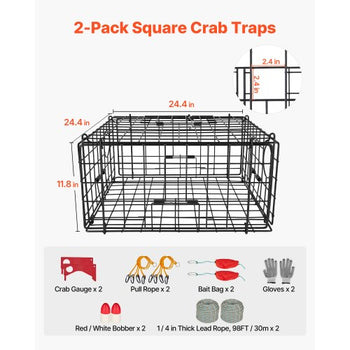 Crab Trap, 2 Packs, 24.4x24.4x11.8 inch Heavy Duty Large Crab Pot Trap for Dungeness, Black PVC Coated Wire Mesh for Stealth, with Gauge, Red/White Float, 100ft Leaded Core Rope, and Gloves