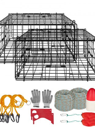 Crab Trap, 2 Packs, 24.4x24.4x11.8 inch Heavy Duty Large Crab Pot Trap for Dungeness, Black PVC Coated Wire Mesh for Stealth, with Gauge, Red/White Float, 100ft Leaded Core Rope, and Gloves