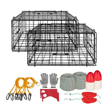 Crab Trap, 2 Packs, 24.4x24.4x11.8 inch Heavy Duty Large Crab Pot Trap for Dungeness, Black PVC Coated Wire Mesh for Stealth, with Gauge, Red/White Float, 100ft Leaded Core Rope, and Gloves