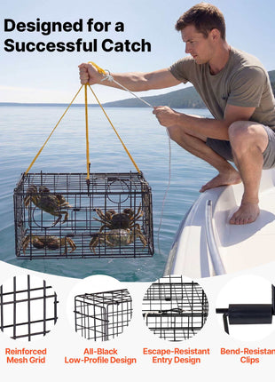 Crab Trap, 2 Packs, 24.4x24.4x11.8 inch Heavy Duty Large Crab Pot Trap for Dungeness, Black PVC Coated Wire Mesh for Stealth, with Gauge, Red/White Float, 100ft Leaded Core Rope, and Gloves