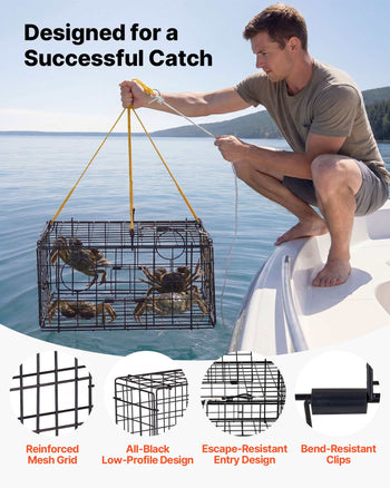 Crab Trap, 2 Packs, 24.4x24.4x11.8 inch Heavy Duty Large Crab Pot Trap for Dungeness, Black PVC Coated Wire Mesh for Stealth, with Gauge, Red/White Float, 100ft Leaded Core Rope, and Gloves
