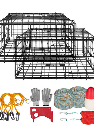 Crab Trap, 2 Packs, 24.4x24.4x11.8 inch Heavy Duty Large Crab Pot Trap for Dungeness, Black PVC Coated Wire Mesh for Stealth, with Gauge, Red/White Float, 100ft Leaded Core Rope, and Gloves