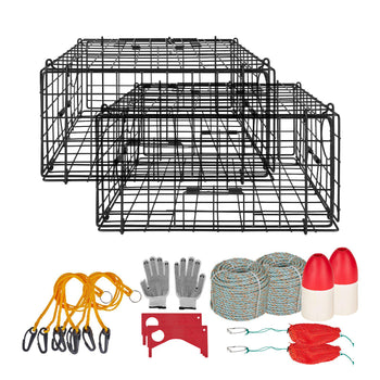 Crab Trap, 2 Packs, 24.4x24.4x11.8 inch Heavy Duty Large Crab Pot Trap for Dungeness, Black PVC Coated Wire Mesh for Stealth, with Gauge, Red/White Float, 100ft Leaded Core Rope, and Gloves