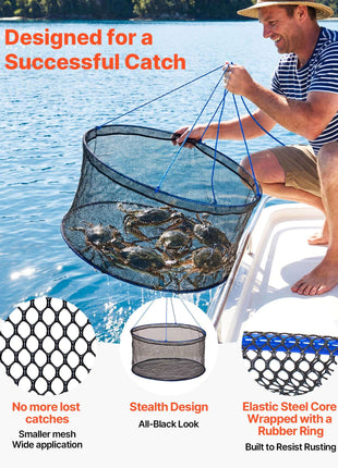 Foldable Fishing Net, Landing Fishing Pier Nets, Portable Drop Net for Pulling up Fish, Durable and Fish-friendly, with Rope and Storage Bag, for Minnows, Crawfish, Shrimp, Crab