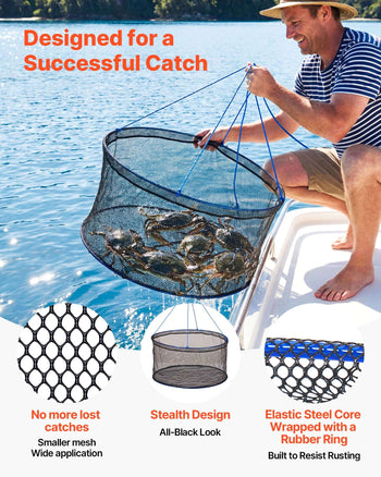 Foldable Fishing Net, Landing Fishing Pier Nets, Portable Drop Net for Pulling up Fish, Durable and Fish-friendly, with Rope and Storage Bag, for Minnows, Crawfish, Shrimp, Crab