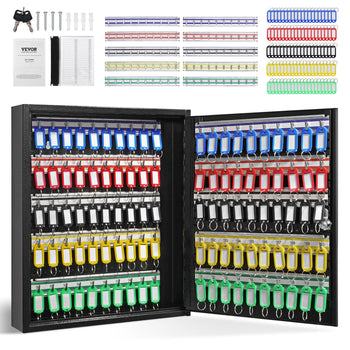 Black key cabinet with colorful plastic key tags in red, blue, green, yellow, and white, designed for organized storage.