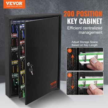 200-Key Cabinet, Key Lock Box with Adjustable Racks, Security Key Storage Box Steel, Key Organizer with 200 Colorful Key Tags and 4 Record Cards for School, Office, Hotel