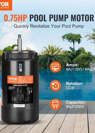 0.75 HP Pool Pump Motor, 56J Frame, 115V(8 Amps)/230V(4 Amps) 3450 RPM, 60Hz, 1.5 Service Factor, 80?F/250V Capacitor, CCW Rotation Round Flange Replacement Motor