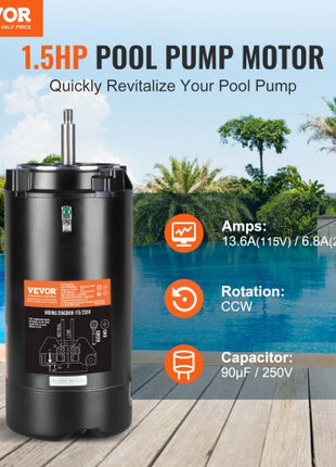 1.5 HP Pool Pump Motor, 56J Frame, 115V(13.6 Amps)/230V(6.8 Amps) 3450 RPM, 60Hz, 1.3 Service Factor, 90?F/250V Capacitor, CCW Rotation Round Flange Replacement Motor
