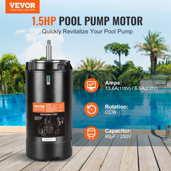 1.5 HP Pool Pump Motor, 56J Frame, 115V(13.6 Amps)/230V(6.8 Amps) 3450 RPM, 60Hz, 1.3 Service Factor, 90?F/250V Capacitor, CCW Rotation Round Flange Replacement Motor
