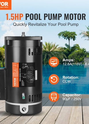 1.5 HP Pool Pump Motor, 56Y Frame, 115V((12.8 Amps))/230V(6.4 Amps) 3450 RPM, 60Hz, 1.1 Service Factor, 90?F/250V Capacitor, CCW Rotation Square Flange Replacement Motor