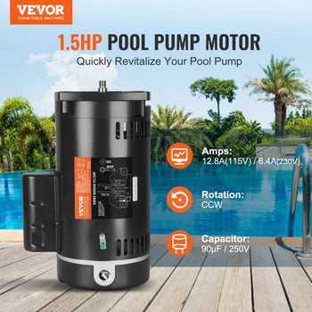 1.5 HP Pool Pump Motor, 56Y Frame, 115V((12.8 Amps))/230V(6.4 Amps) 3450 RPM, 60Hz, 1.1 Service Factor, 90?F/250V Capacitor, CCW Rotation Square Flange Replacement Motor
