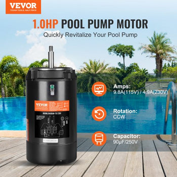 1 HP Pool Pump Motor, 56J Frame, 115V(9.8 Amps)/230V(4.9 Amps) 3450 RPM, 60Hz, 1.4 Service Factor, 90?F/250V Capacitor, CCW Rotation Round Flange Replacement Motor