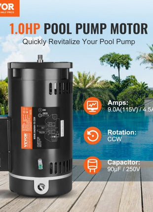 1 HP Pool Pump Motor, 56Y Frame, 115V(9 Amps)/230V(4.5 Amps) 3450RPM, 60Hz, 1.25 Service Factor, 90?F/250V Capacitor, CCW Rotation Square Flange Replacement Motor