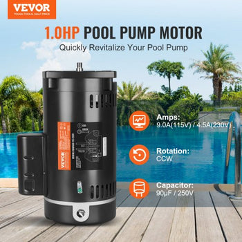 1 HP Pool Pump Motor, 56Y Frame, 115V(9 Amps)/230V(4.5 Amps) 3450RPM, 60Hz, 1.25 Service Factor, 90?F/250V Capacitor, CCW Rotation Square Flange Replacement Motor
