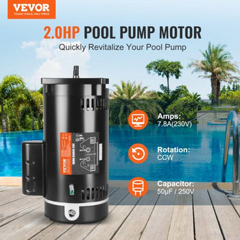 2 HP Pool Pump Motor, 56Y Frame, 230V (7.8 Amps) 3450 RPM, 60Hz, 1.3 Service Factor, 50?F/250V Capacitor, CCW Rotation Square Flange Replacement Motor