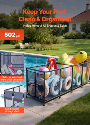 Pool Storage Bin, 103 x 32 x 35 in, Rolling Pool Float Storage Organizer with Side Pockets & Noodles Holder, Durable Metal Frame, Poolside Toys Breathable Mesh Basket for Swimming Pools