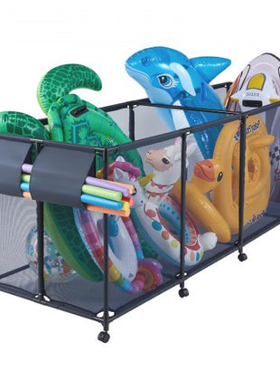 Pool Storage Bin, 103 x 32 x 35 in, Rolling Pool Float Storage Organizer with Side Pockets & Noodles Holder, Durable Metal Frame, Poolside Toys Breathable Mesh Basket for Swimming Pools