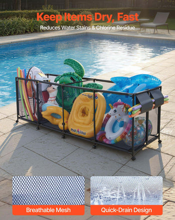 Pool Storage Bin, 103 x 32 x 35 in, Rolling Pool Float Storage Organizer with Side Pockets & Noodles Holder, Durable Metal Frame, Poolside Toys Breathable Mesh Basket for Swimming Pools
