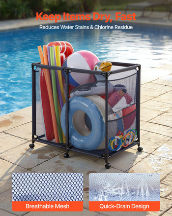 Pool Storage Bin, 36.8 x 24 x 35.6 in, Rolling Pool Float Storage Organizer with Side Pockets & Casters, Heavy Duty Metal Frame, Poolside Toys Noodles Holder Mesh Basket for Swimming Pools