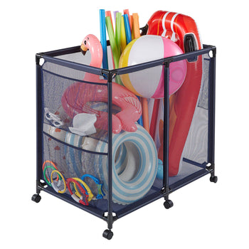 Pool Storage Bin, 36.8 x 24 x 35.6 in, Rolling Pool Float Storage Organizer with Side Pockets & Casters, Heavy Duty Metal Frame, Poolside Toys Noodles Holder Mesh Basket for Swimming Pools