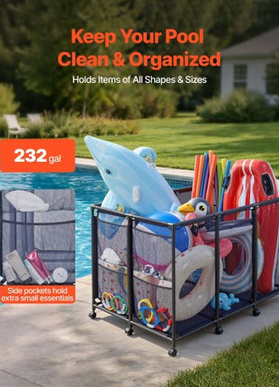 Pool Storage Bin, 48.8 x 32.7 x 32.7 in, Rolling Pool Float Storage Organizer with Side Pockets & Casters, Heavy Duty Metal Frame, Poolside Toys Noodles Holder Mesh Basket for Swimming Pools