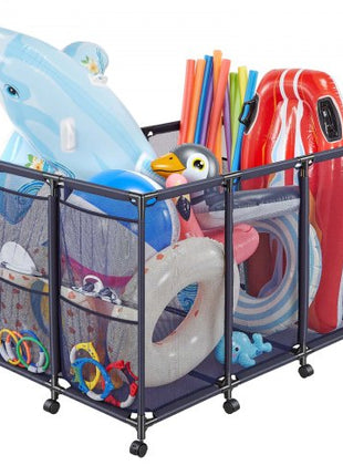 Pool Storage Bin, 48.8 x 32.7 x 32.7 in, Rolling Pool Float Storage Organizer with Side Pockets & Casters, Heavy Duty Metal Frame, Poolside Toys Noodles Holder Mesh Basket for Swimming Pools