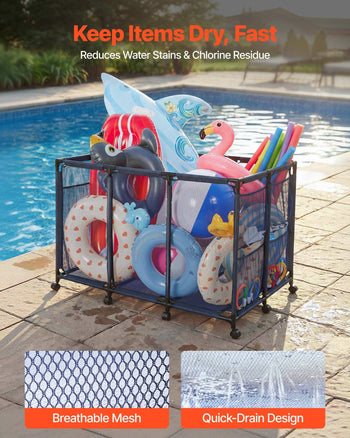 Pool Storage Bin, 48.8 x 32.7 x 32.7 in, Rolling Pool Float Storage Organizer with Side Pockets & Casters, Heavy Duty Metal Frame, Poolside Toys Noodles Holder Mesh Basket for Swimming Pools
