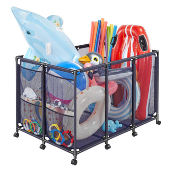 Pool Storage Bin, 48.8 x 32.7 x 32.7 in, Rolling Pool Float Storage Organizer with Side Pockets & Casters, Heavy Duty Metal Frame, Poolside Toys Noodles Holder Mesh Basket for Swimming Pools