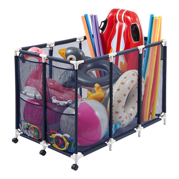 Pool Storage Bin, 47.2 x 30.2 x 34 in, Rolling Pool Float Storage Organizer with Side Pockets & Casters, Heavy Duty Plastic Frame, Poolside Toys Noodles Holder Mesh Basket for Swimming Pools