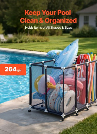 Pool Storage Bin, 48 x 33 x 39 in, Rolling Pool Float Storage Organizer with Casters, Durable Plastic Frame, Poolside Toys Noodles Holder, Breathable Mesh Basket for Swimming Pools