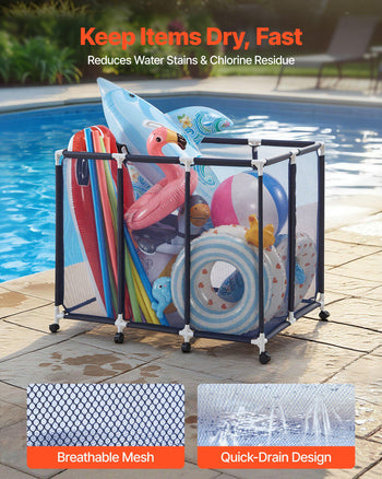 Pool Storage Bin, 48 x 33 x 39 in, Rolling Pool Float Storage Organizer with Casters, Durable Plastic Frame, Poolside Toys Noodles Holder, Breathable Mesh Basket for Swimming Pools
